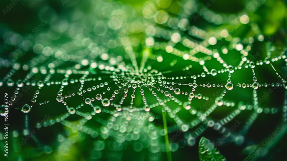 Poster A close-up of water droplets on a web of threads, capturing the delicate balance of tension and nature's beauty.