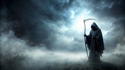 a figure of death with a scythe in a black cloak against a backdrop of swirling fog. Halloween background