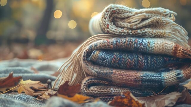 Cozy stack of knitted blankets on an autumn day, surrounded by falling leaves and warm light. - Powered by Adobe