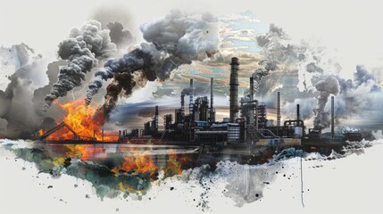 A collage of industrial pollution sources juxtaposed with images of natural disasters linked to global warming.