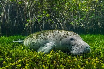 Manatee Resting in a Lush Underwater Forest