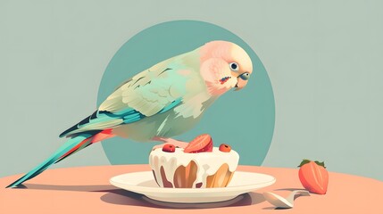 A cute parakeet looking at a plate with a strawberry cupcake on it.