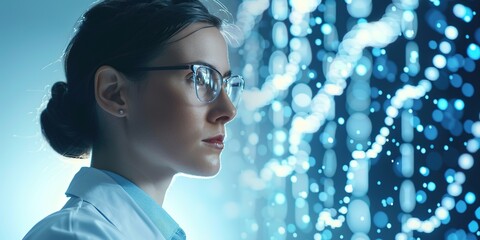 Profile of focused scientist with glowing DNA strands.