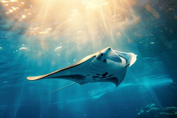 Manta Ray in Sunlit Ocean Depths