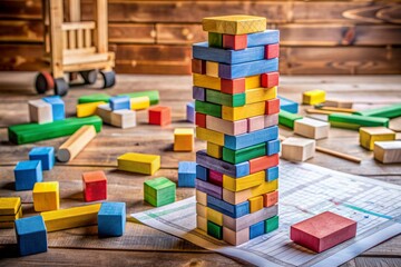 Obraz premium Colorful blocks scattered on a table, a few stacked precariously, as if recently fallen, surrounded by scattered block pieces and a abandoned tower blueprint.