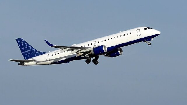 A transparent, sketchy outline of an airplane slowly comes into focus and color against a clear blue sky. The plane appears to be taking off over a coastal town with a harbor and numerous boats.