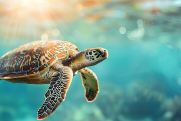 Fototapeta premium Sea Turtle Swimming in Sunlit Waters