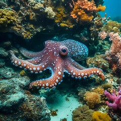 AI generated illustration of a colorful octopus resting among vibrant coral reefs