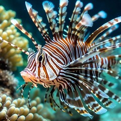 AI generated illustration of a close-up of a vibrant lionfish swimming in a colorful coral reef