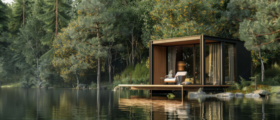 A peaceful, modern cabin by the water, engulfed in lush forest, reflecting tranquility and a deep connection with nature.