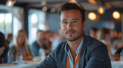 Fototapeta premium Man attending a conference, looking at the camera with blurred attendees in the background.