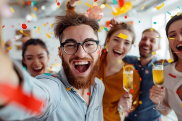 Enthusiastic Team of Startup Founders and Employees Celebrating Launch with Party in Modern Office with Confetti and Drinks