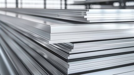 Shiny aluminum sheets stacked neatly, warehouse environment showcasing lightweight and versatile metal for various applications