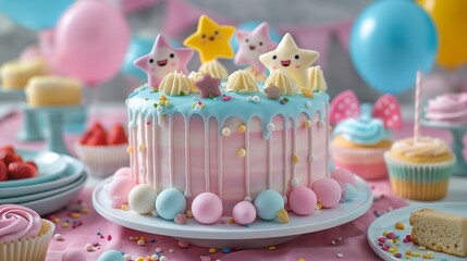 Festive pink and blue cake decorated with star toppers, surrounded by party treats.