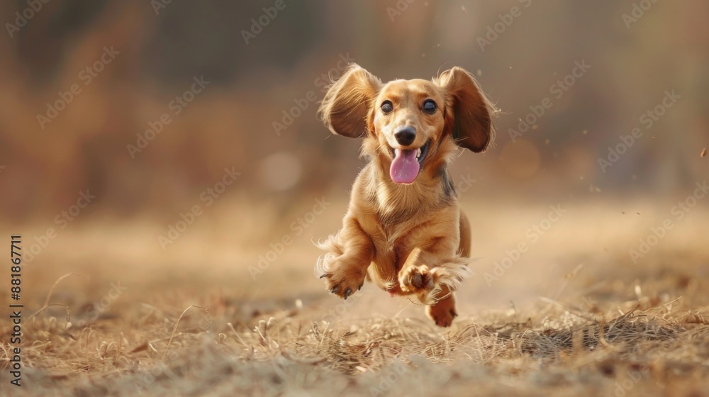 Poster a dachshund racing across a field, ears flapping and tongue lolling with pure joy.