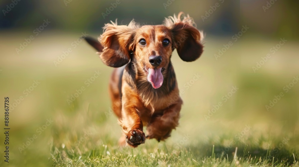 Poster a dachshund racing across a field, ears flapping and tongue lolling with pure joy.