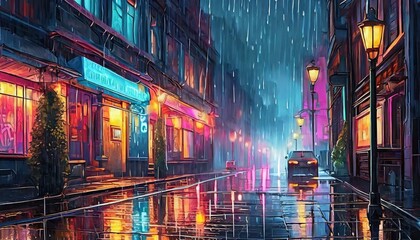 evening on the street in the city with neon signs. it is raining heavily