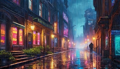 Fototapeta premium evening on the street in the city with neon signs. it is raining heavily