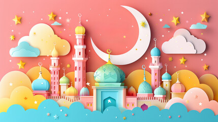 Fototapeta premium ** .Colorful Eid Mubarak Celebration with Crescent Moon and Stars in a Festive Islamic Cityscape..**