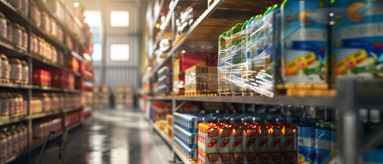 A well-stocked warehouse aisle filled with various canned goods and other products under bright lighting in an organized layout.