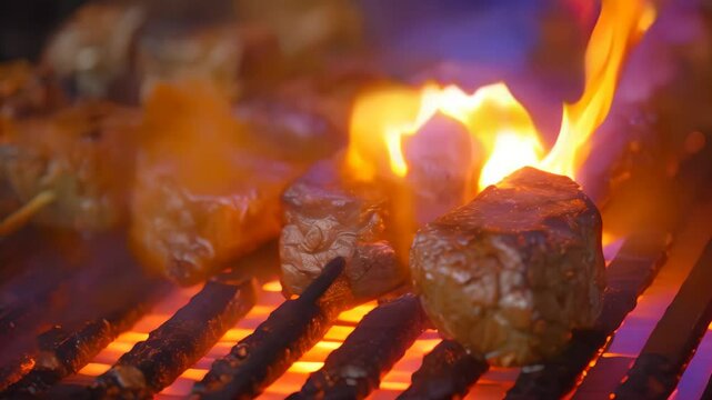 Juicy beef chunks sizzling on a grill over open flame, Juicy chunks of beef, grilled over an open flame for that perfect charred flavor