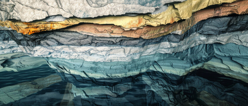 A vivid, abstract depiction of geological rock layers, revealing intricate textures and colors that highlight the earth's natural beauty and complexity.