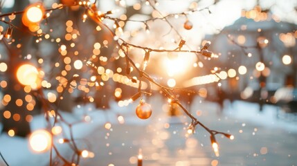 The image displays a sunset-lit branch decorated with golden baubles and bokeh lights in a city park, conveying a festive and warm ambiance that enhances holiday spirit.