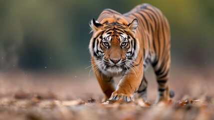 Obraz premium A tiger walks determinedly in its natural habitat with a focused gaze, embodying strength, grace, and purpose in a captivating display of wildlife natural beauty and power.