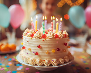 A birthday cake with colorful candles and decorations, surrounded by festive balloons and confetti.