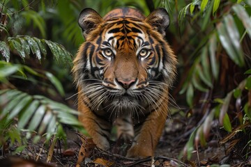 Fototapeta premium A Sumatran tiger emerging from the dense underbrush, its powerful body and striking orange coat with black stripes making it a majestic sight.