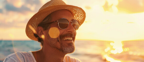 A cheerful man in a straw hat and sunglasses enjoys a sunny day at the beach, golden light and ocean waves create a blissful summer moment.