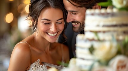 Obraz premium The bride and groom, smiling with love and happiness, cut their wedding cake together at a beautifully decorated reception