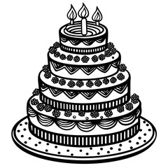 a four-layer  birthday cake vector line art, 