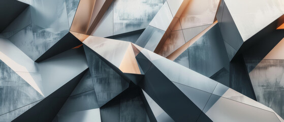 Sharp, intersecting angular metal structures create a dynamic, futuristic abstract design with alternating light and dark tones.