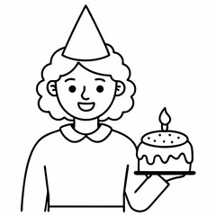 a girl with a birthday cake vector line art, 
