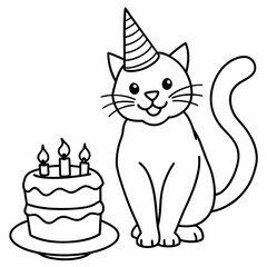 a cat with a birthday cake vector line art