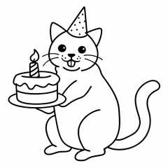 a cat with a birthday cake vector line art