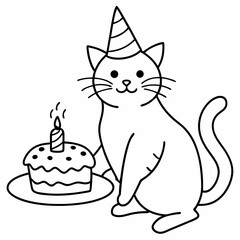 a cat with a birthday cake vector line art, 