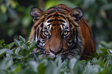 Fototapeta premium A Sumatran tiger emerging from the dense underbrush, its powerful body and striking orange coat with black stripes making it a majestic sight.