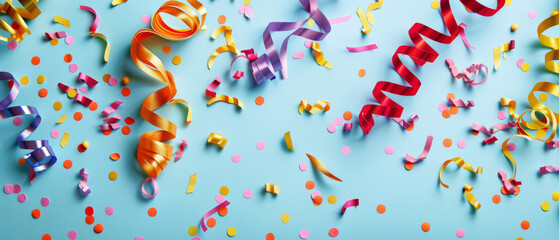 Obraz premium Vibrant ribbons and colorful confetti scattered across a sky-blue surface, creating a festive, celebratory mood.