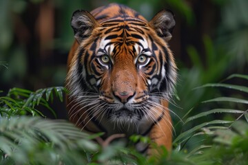 Fototapeta premium A Sumatran tiger emerging from the dense underbrush, its powerful body and striking orange coat with black stripes making it a majestic sight.