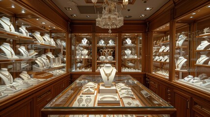 Fototapeta premium Jewelry Store: Specializing in luxury fine jewelry, featuring a stunning array of rings, necklaces, bracelets, and earrings for discerning tastes. 