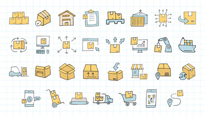 delivery. the pattern. mail. box. icons. transport. sticker. to send. the package. postman. on a colored background. package. drawing. doodle. minimalism. black lines.