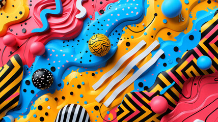 Obraz premium Geometric patterns and line, playful quirky cartoonish illustration, vivid splashing color