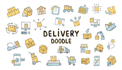 delivery. the pattern. mail. box. icons. transport. sticker. to send. the package. postman. on a colored background. package. drawing. doodle. minimalism. black lines.