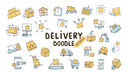 delivery. the pattern. mail. box. icons. transport. sticker. to send. the package. postman. on a colored background. package. drawing. doodle. minimalism. black lines.