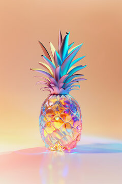 One neon holographic soft pastel colors pineapple on beige background. Minimal concept.  