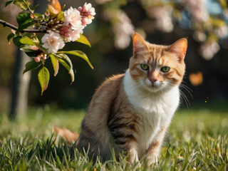 A beautiful ginger and white cat sitting on lush green grass with blooming cherry blossoms in the background. Perfect for spring, nature, and pet-related theme