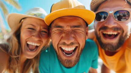 Obraz premium A group of friends laughing and enjoying their time together in a sunny outdoor setting, wearing hats, casual clothing, and sunglasses, with a playful and cheerful atmosphere.