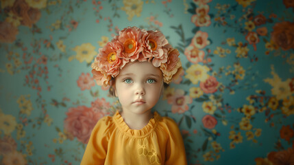 Fototapeta premium portrait of blond girl with blue eyes in a wreath made of pink flowers; serious face expression; little princess face; close-up of small kid on floral backgroud with copy space; widescreen backdrop